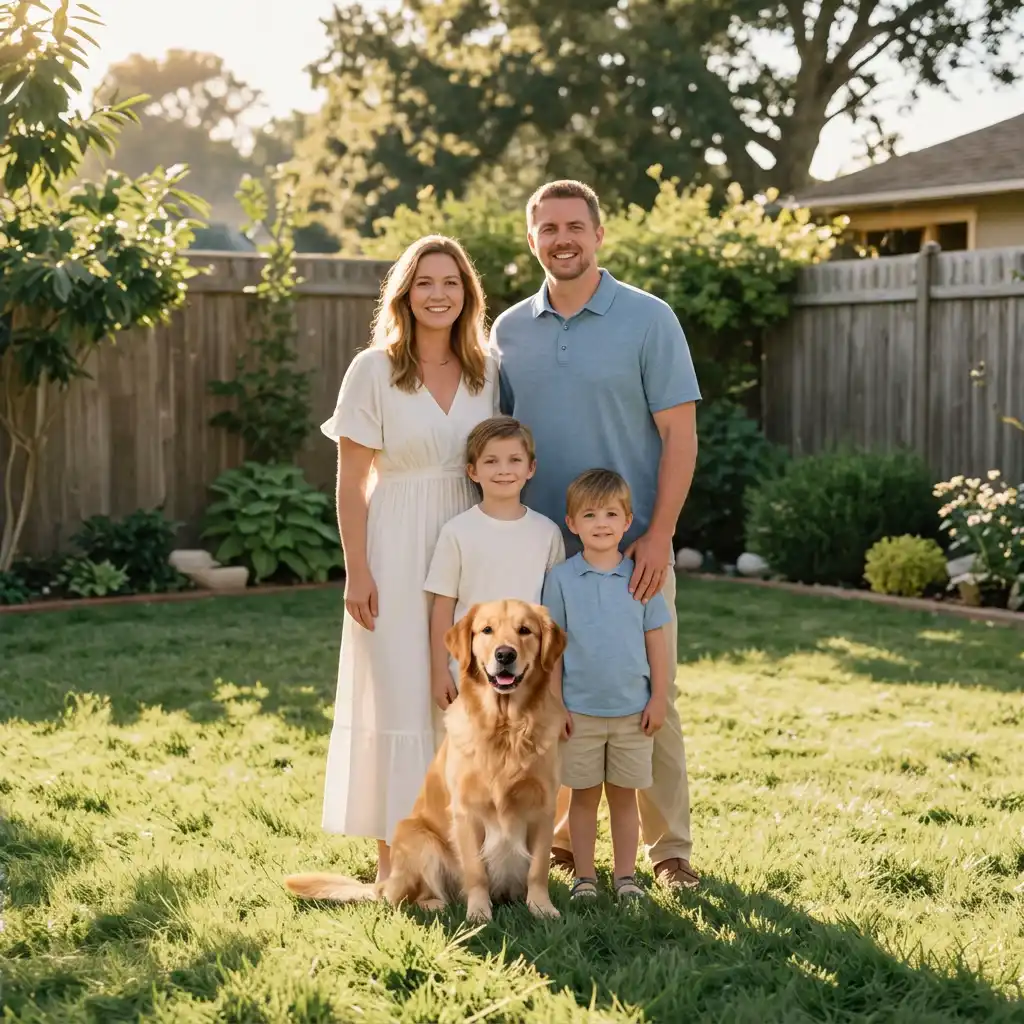 After - Golden Retriever Added to a Backyard Family Portrait