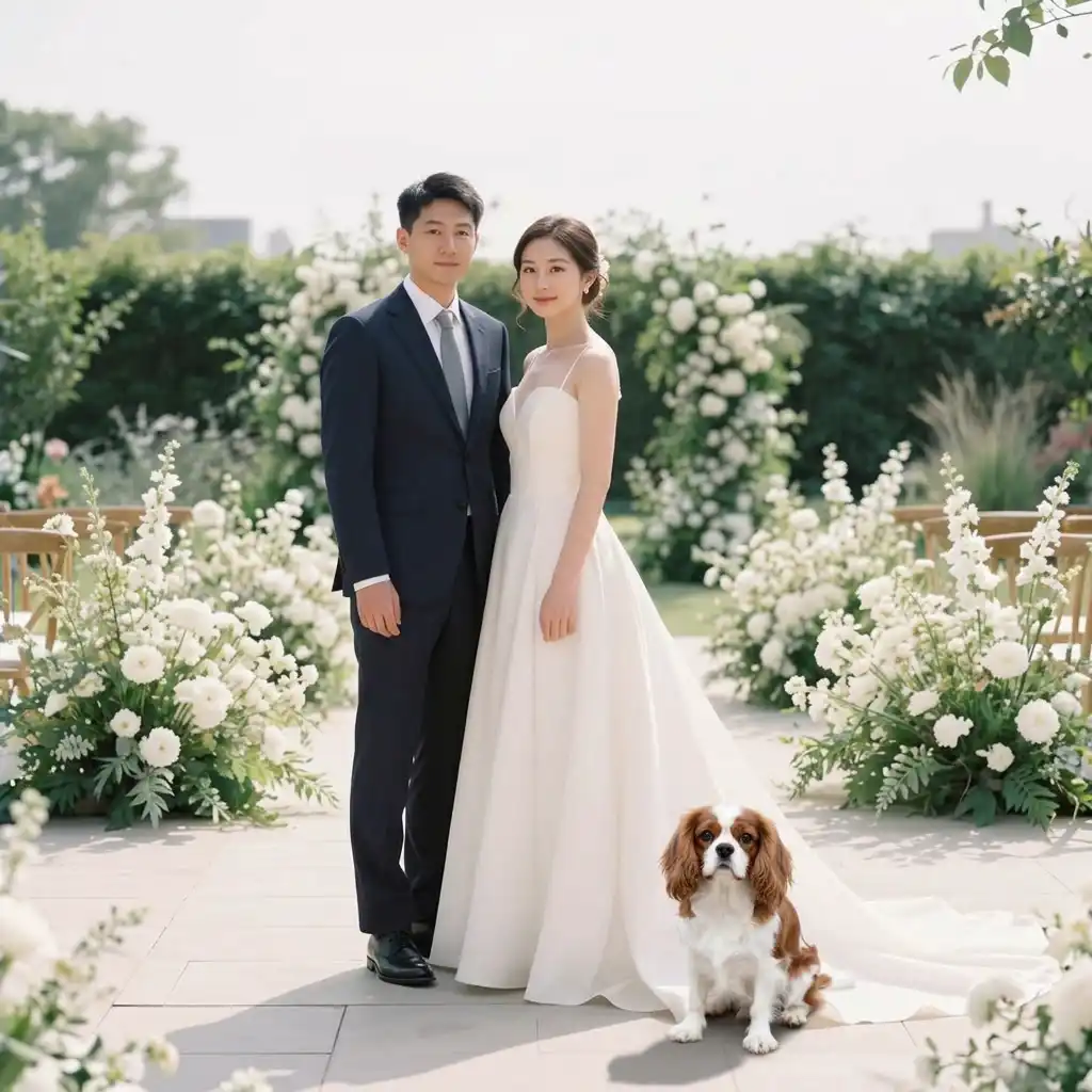 After - Cavalier Spaniel Added to an Outdoor Garden Wedding Photo
