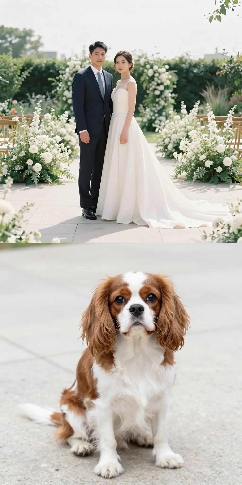 Before - Cavalier Spaniel Added to an Outdoor Garden Wedding Photo