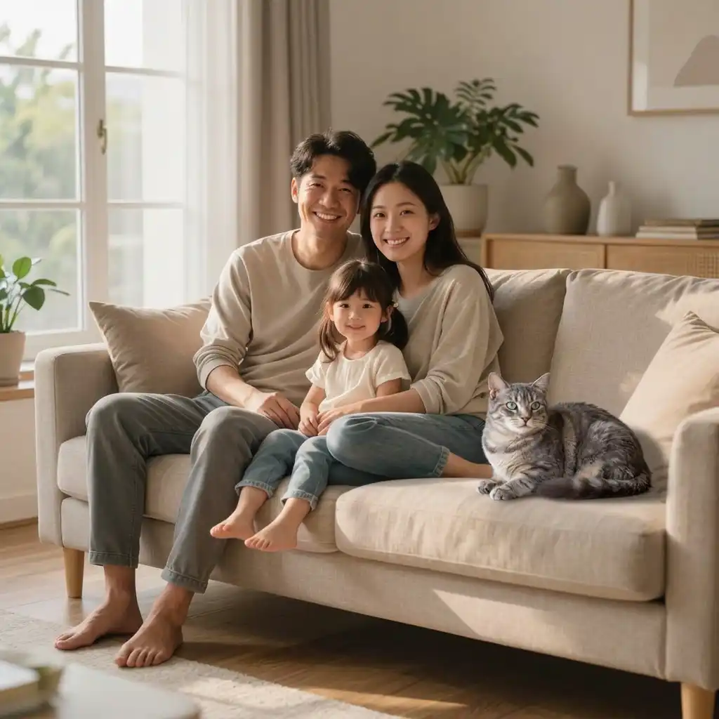 After - Gray Tabby Cat Added to a Living Room Family Photo