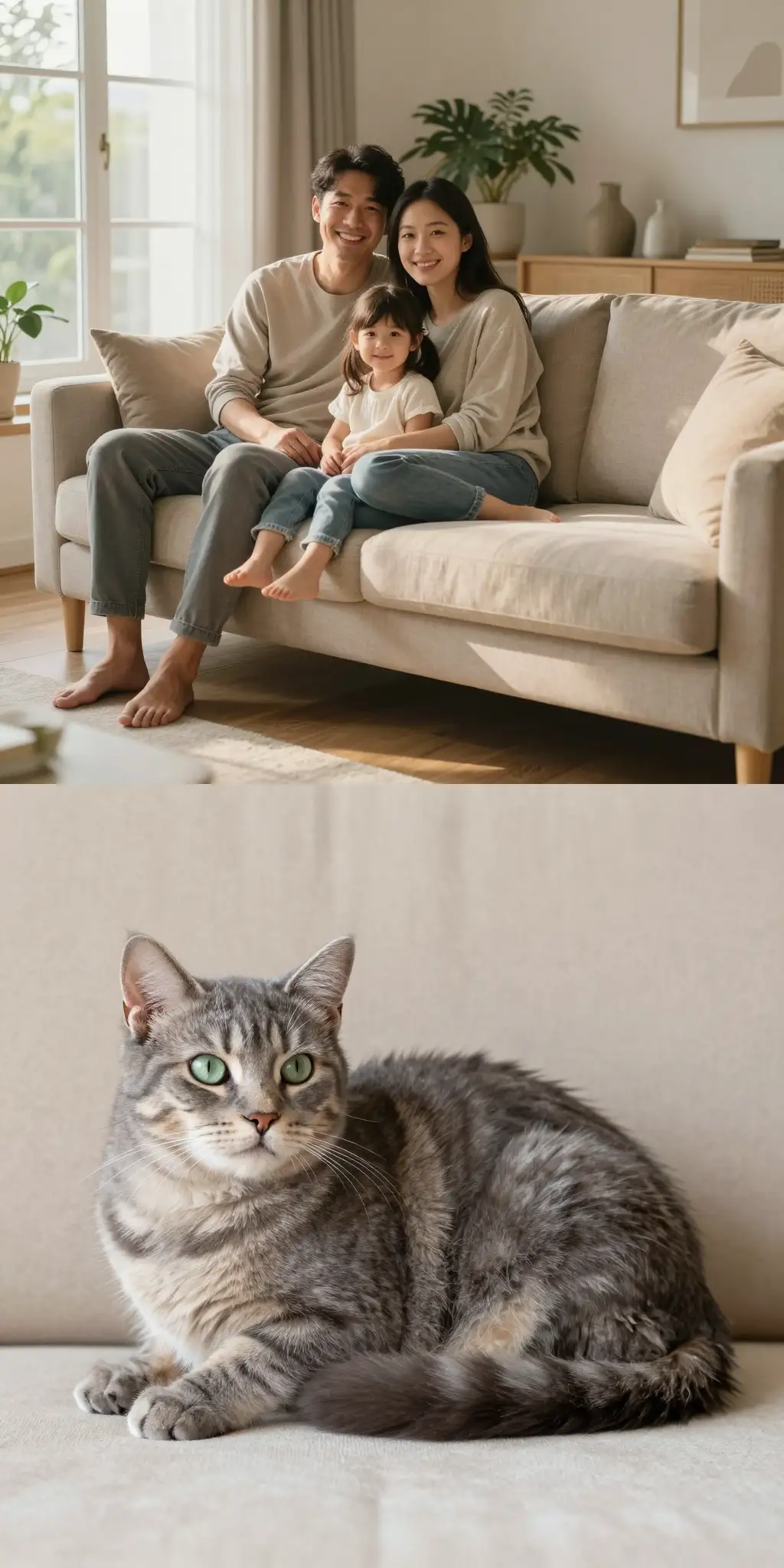 Before - Gray Tabby Cat Added to a Living Room Family Photo