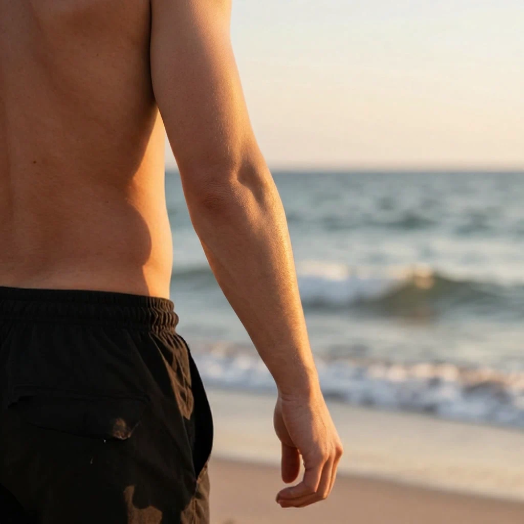 After - Full Sleeve Tattoo Removed from an Arm in a Beach Photo